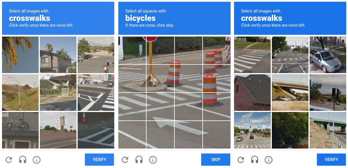 Three reCAPTCHA image challenges asking the user to select all crosswalks and bicycles from grids of Street View photos